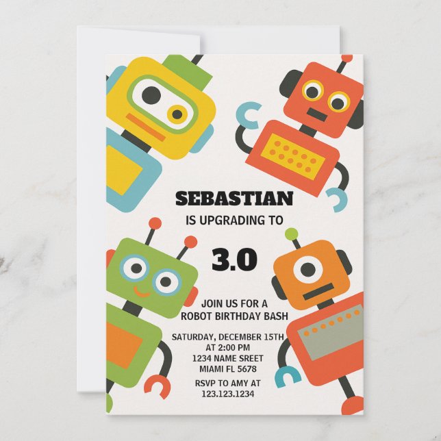 Editable Robot Birthday Party Invitation (Front)