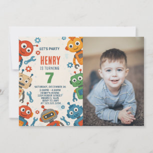 Editable Robot Kids Birthday Invitation with photo