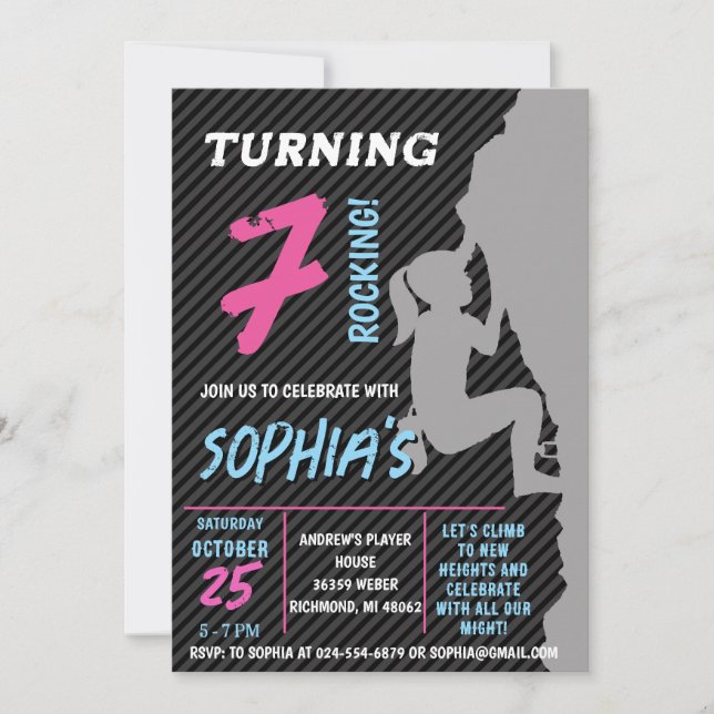 Editable Rock Girl Climbing Birthday Party Invitation (Front)