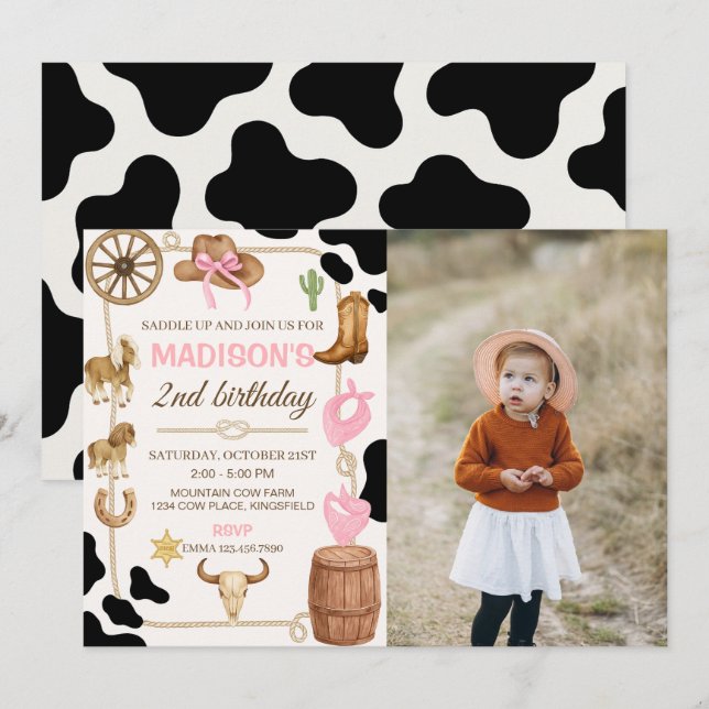 Editable Rodeo Cowgirl Birthday Photo Invitation (Front/Back)