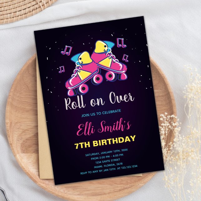 Editable Roller Skate Party Invite for Girls (Pink Yellow Skate Invitations)