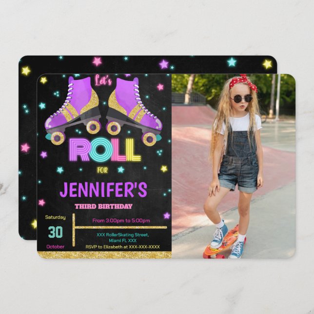 Editable Roller Skating Birthday Photo Invitation (Front/Back)