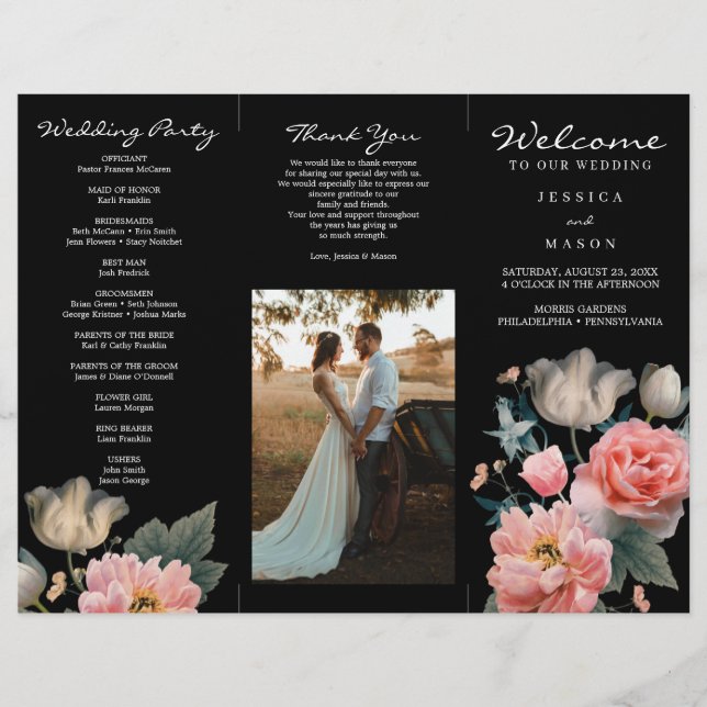 Editable Romantic Floral Trifold Wedding Program Flyer (Front)