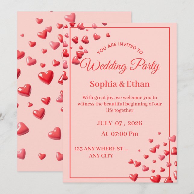Editable Romantic Heart Wedding Invitation Card (Front/Back)
