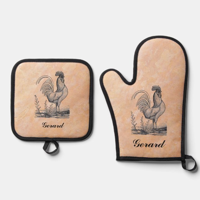 Editable Rooster and Name Oven Mitt & Pot Holder Set (Front)