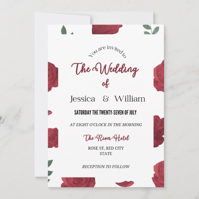 Editable Rose Wedding Invitation Design Template (Front)