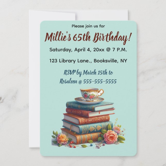 Editable Roses Books Teacup Birthday Invitation (Front)