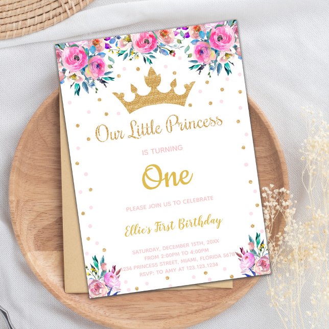 Editable Royal Party for Girls Invitation (Floral Crown Glitter Princess Birthday Invitations)