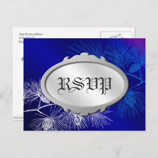 Editable RSVP Holiday Blue White Pine Postcard (Front/Back)