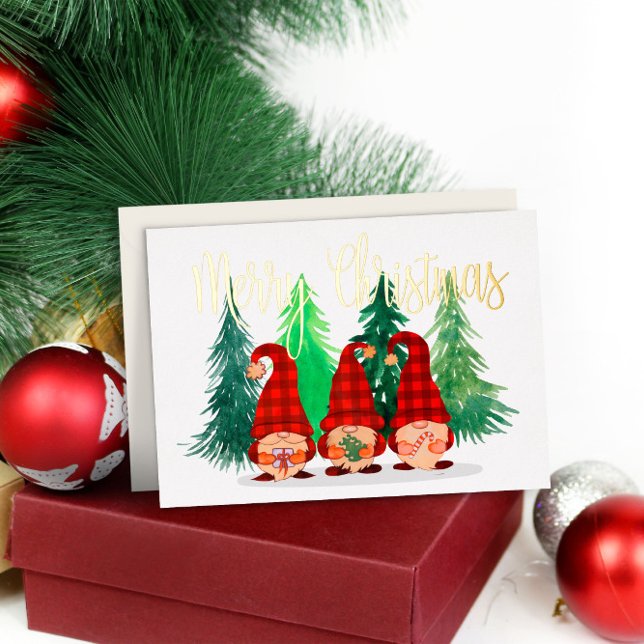 Editable Rustic Gnomes Merry Christmas Real Gold Foil Holiday Card (Rustic Gnomes Custom Merry Christmas Real Gold Foil Holiday Card
)