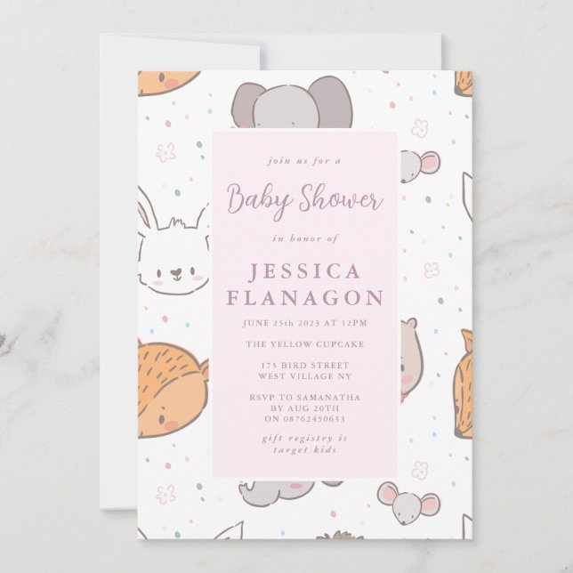 Editable Safari Jungle Animal Pink Baby Shower Invitation (Front)