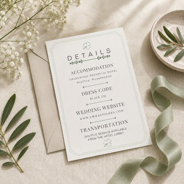 Editable Sage Green Minimal Wedding Details Card (Elegant sage green wedding details card for a modern garden celebration.)