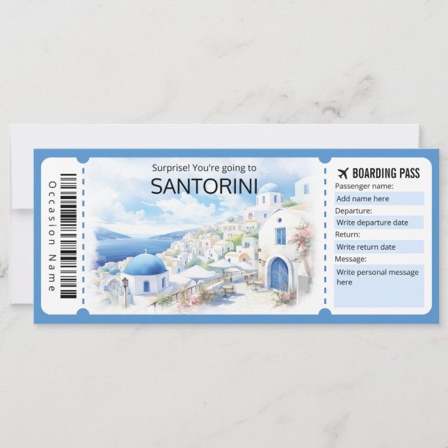 Editable Santorini Plane ticket, Greece Trip Invitation (Front)