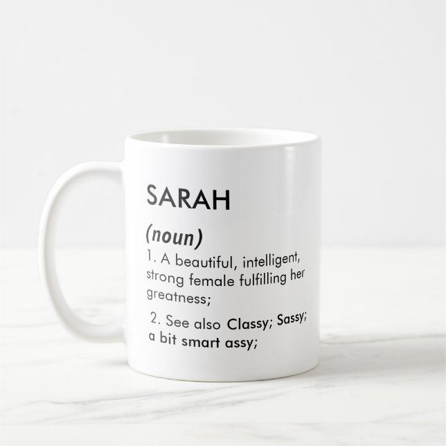 Editable Sarah name definition, custom name Coffee Mug (Left)