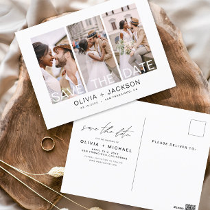 Editable Save the Date 3 Photo White Lettered  Postcard