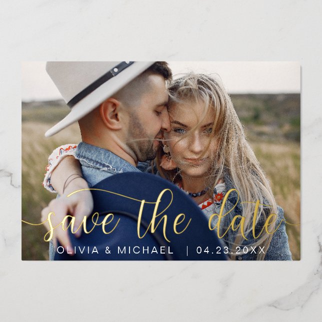 Editable Save the Date Gold Handwritten Photo (Front)