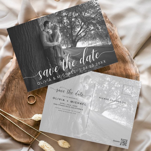 Editable Save the Date White Handwritten Photo Postcard (Creator Uploaded)