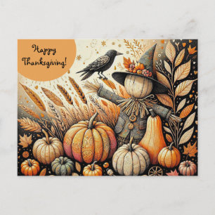Editable Scarecrow Crow and Pumpkins Thanksgiving Postcard