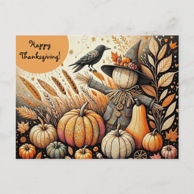 Editable Scarecrow Crow and Pumpkins Thanksgiving Postcard (Front)