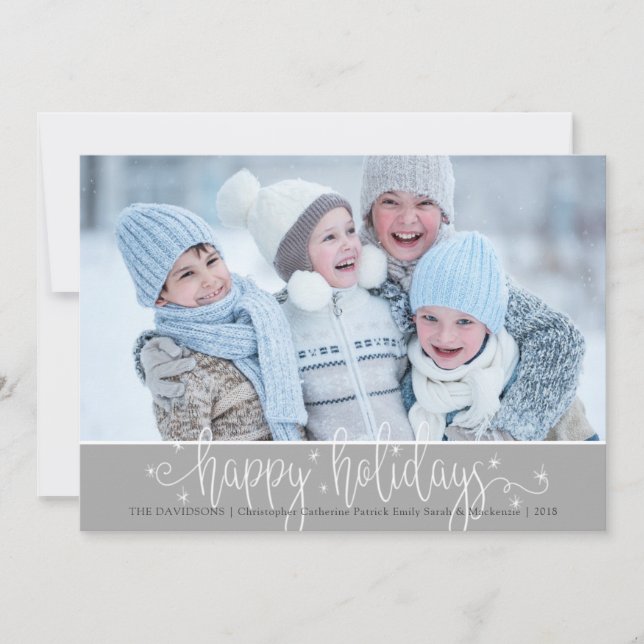 Editable Silver Grey & White HAPPY HOLIDAYS Script Holiday Card (Front)