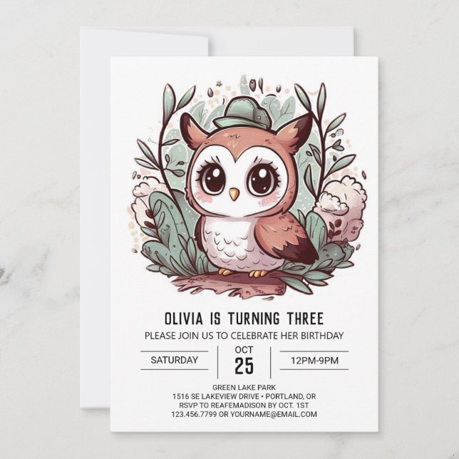 Editable Simple Digital Owl Birthday Invitation (Front)