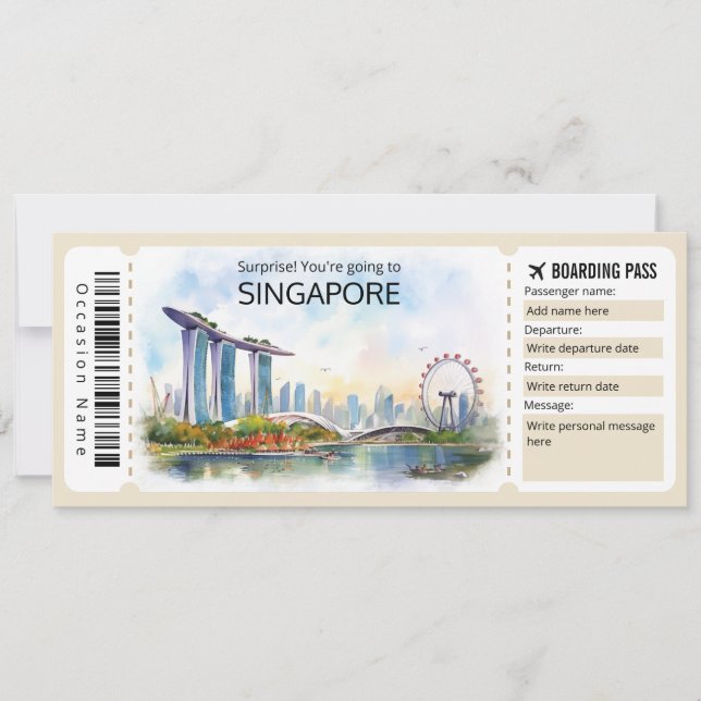 Editable Singapore Plane ticket, Singapore Trip Invitation (Front)