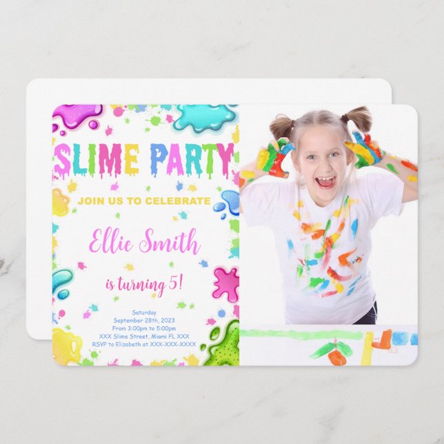 Editable Slime Birthday Invitation With Photo (Front/Back)