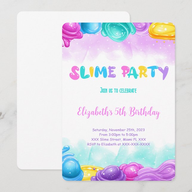 Editable Slime Birthday Party Invitation (Front/Back)