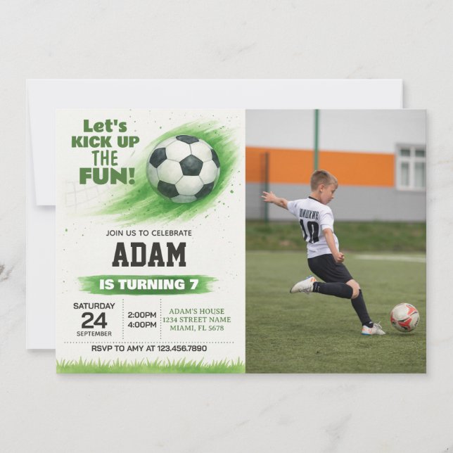 Editable Soccer Party Invitation with photo (Front)