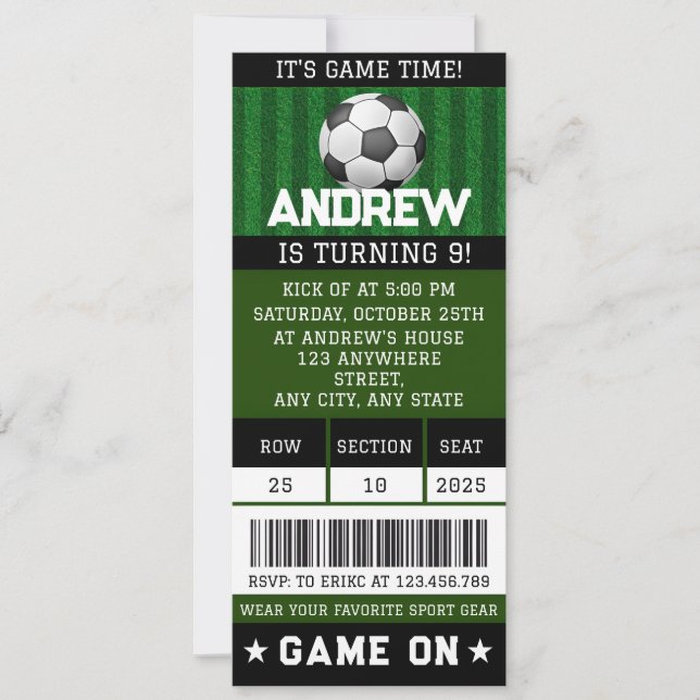 Editable Soccer Ticket Birthday Supplies Party Invitation (Front)