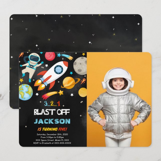 Editable Space Birthday Photo Invitations (Front/Back)