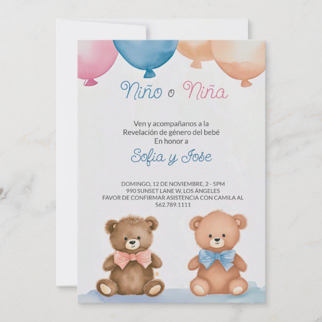 Editable Spanish Teddy Bear Gender Reveal Invitation (Front)