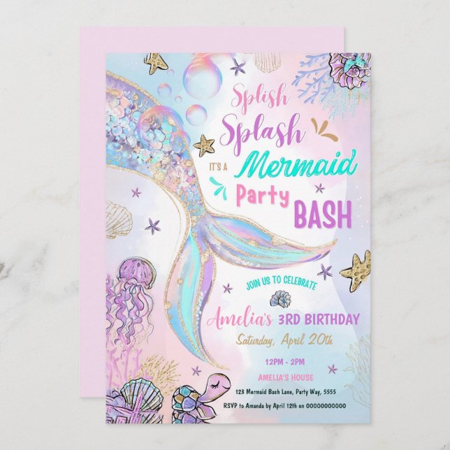 Editable Sparkle Mermaid Party Invitation Pool Gir (Front/Back)