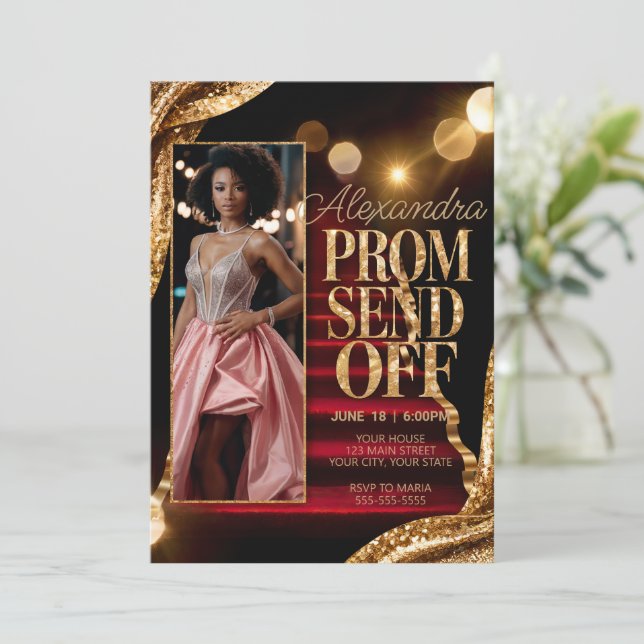 Editable Sparkling Gold Prom Send Off DIY Photo Invitation (Standing Front)
