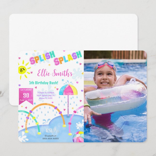 Editable Splash Pad Birthday Photo Invitation (Front/Back)