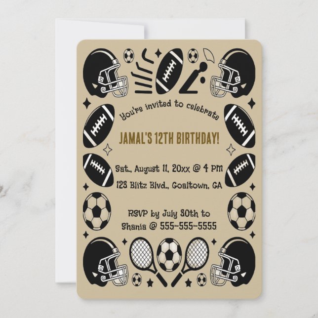 Editable Sports Equipment Birthday Invitation (Front)