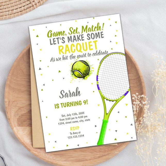 Editable Sports Party Invite for Kids or Teens (Gray Light Green Tennis Birthday Invitations)