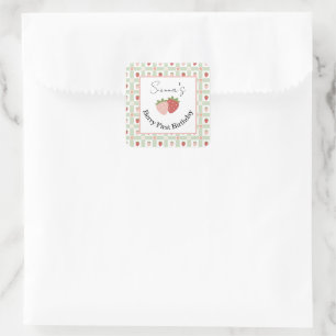 Editable Square Strawberry Gingham 1st Birthday  Square Sticker