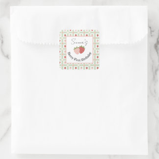 Editable Square Strawberry Gingham 1st Birthday  Square Sticker