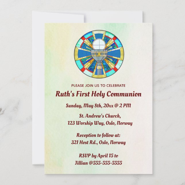 Editable Stained Glass Chalice First Communion Invitation (Front)