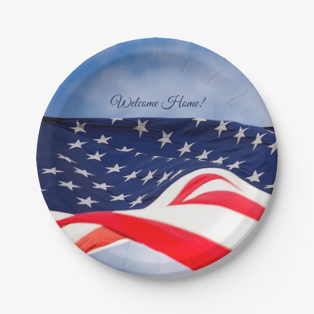 Editable Stars and Stripes Welcome Home Paper Plate (Front)