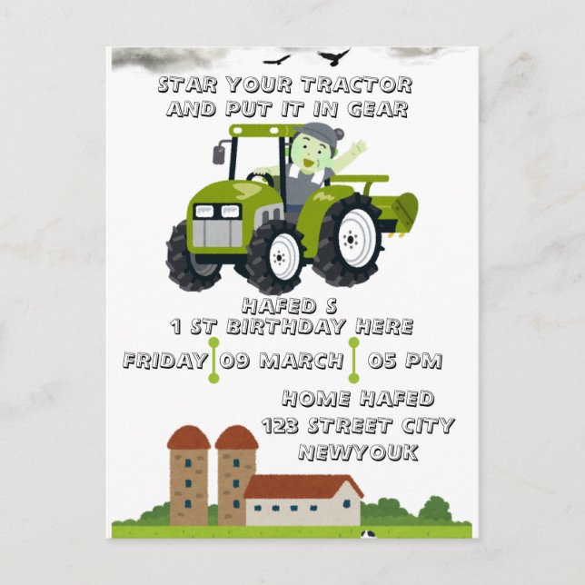 Editable Start Your Tractor 1st Birthday Animated  Postcard (Front)