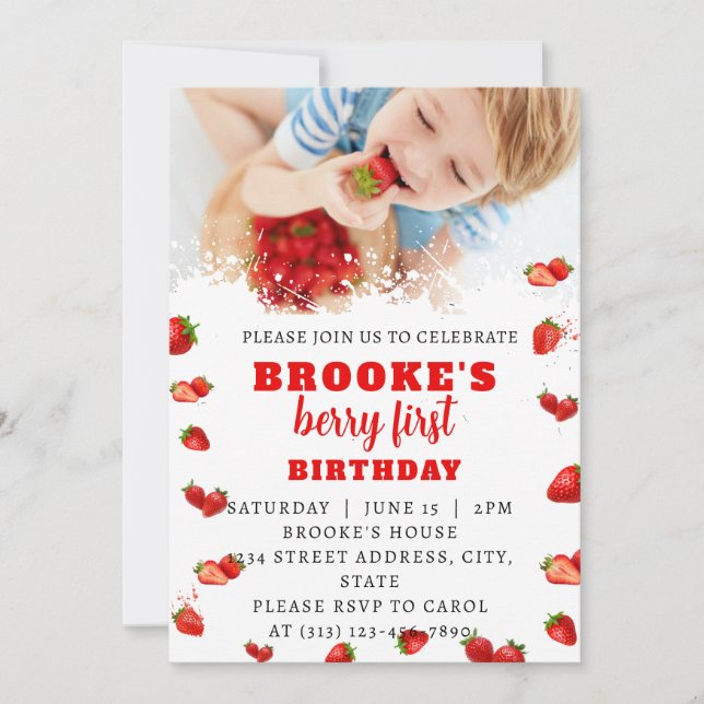 Editable Strawberry 1st Birthday Invitation (Front)