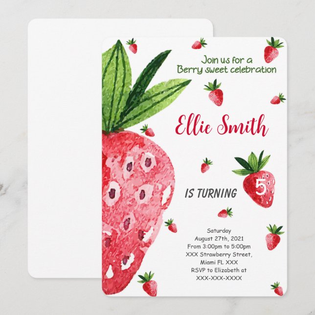 Editable Strawberry Birthday Invitation (Front/Back)