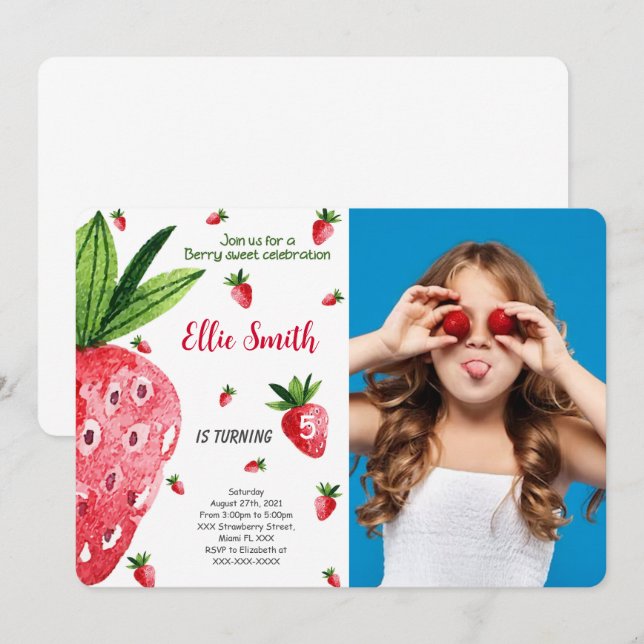 Editable Strawberry Birthday Photo Invitation (Front/Back)