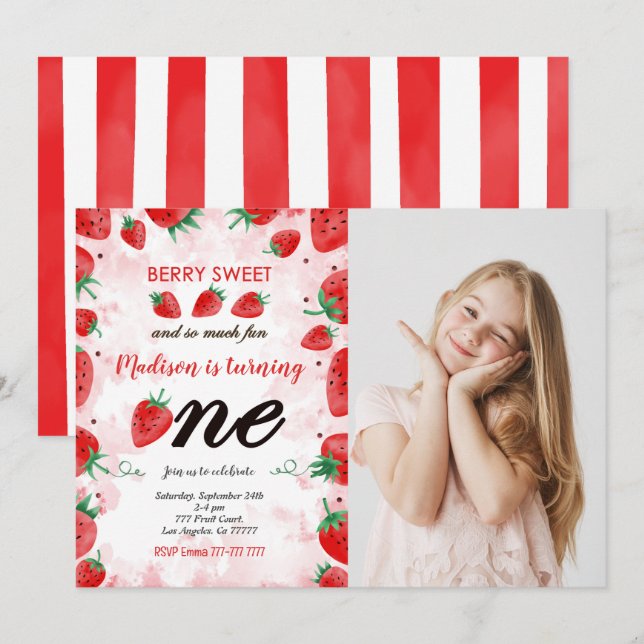Editable Strawberry Birthday Photo Invitation (Front/Back)