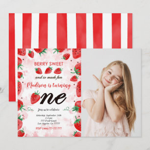 Editable Strawberry Birthday Photo Invitation