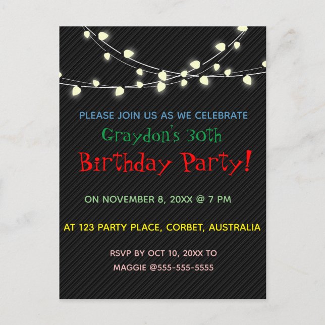 Editable Strings of Party Lights Birthday Invitation Postcard (Front)