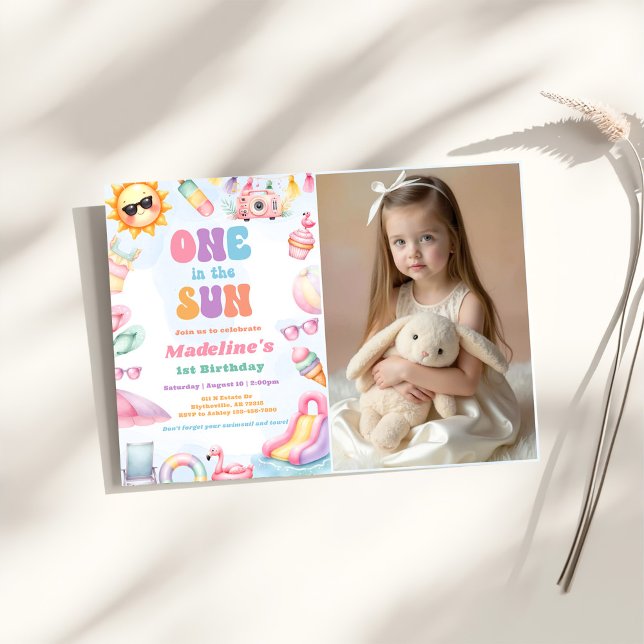 Editable Summer One In The Sun Birthday Photo Invitation (Creator Uploaded)