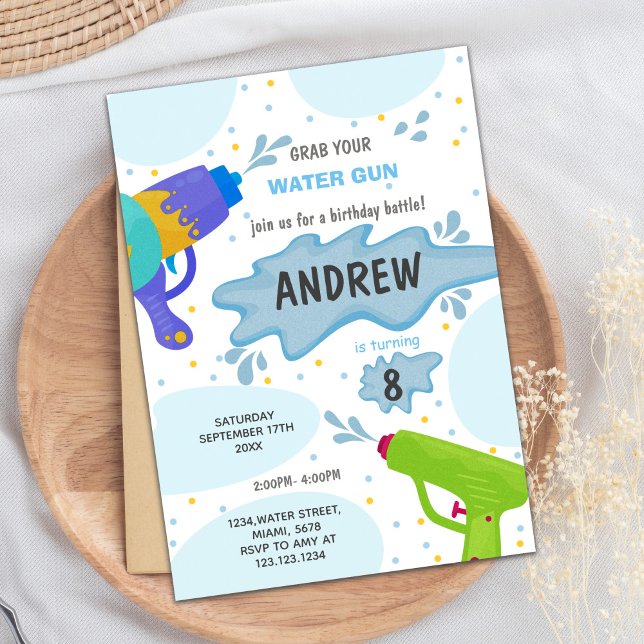 Editable Summer Splash Party Invite (Blue Green Water Gun Birthday Invitations)